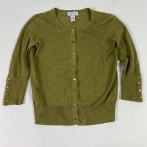 Carmen Marc Valvo Cardigan Sweater Womens XS Green Button Front 3/4 Sleeve Knit